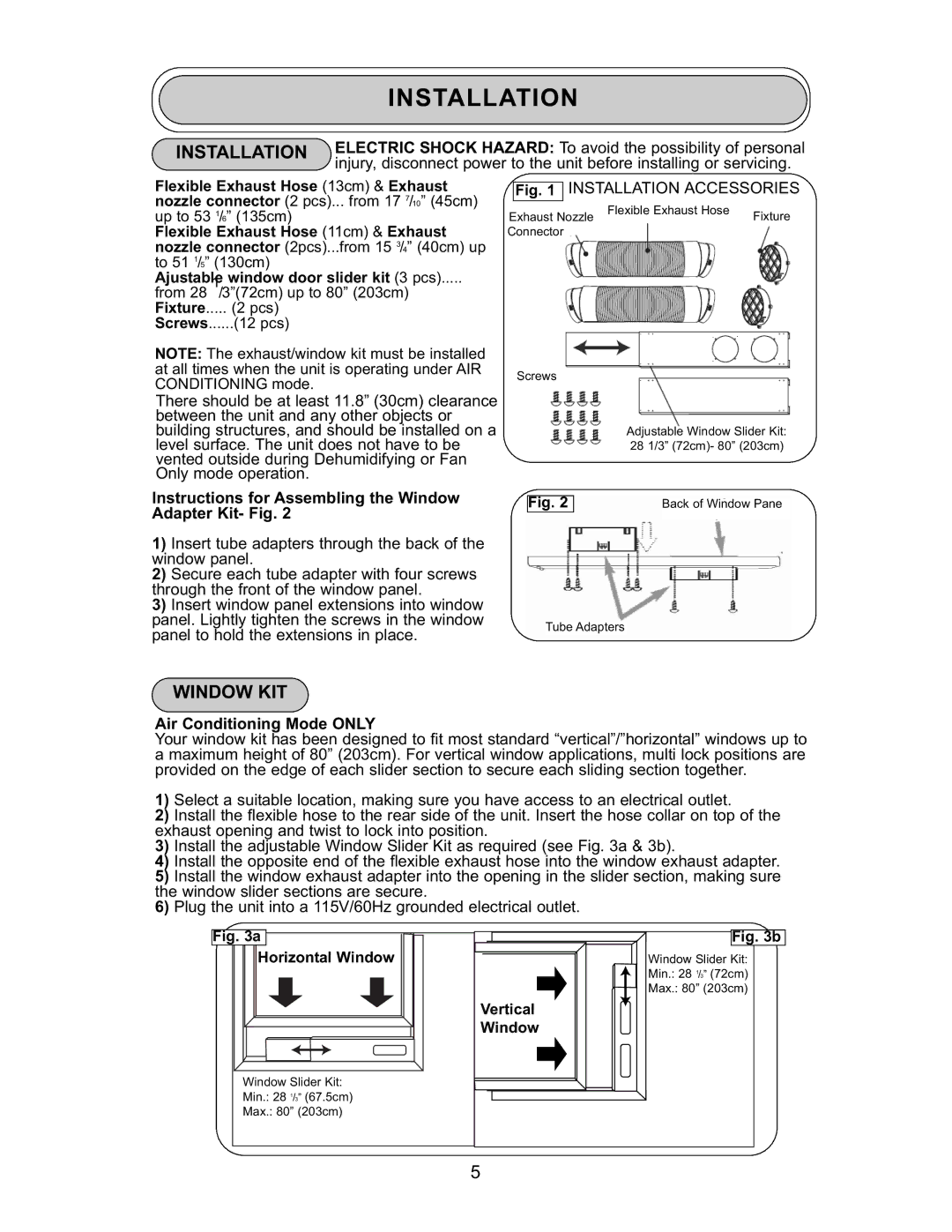 Danby DPAC 9009 manual Installation, Window KIT, Instructions for Assembling the Window Adapter Kit- Fig 