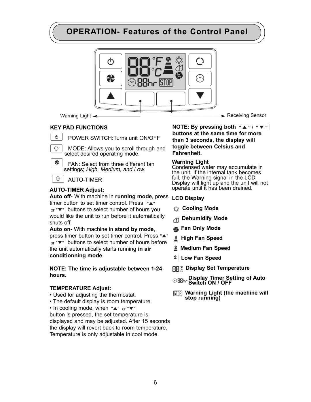 Danby DPAC 9009 manual OPERATION- Features of the Control Panel, KEY PAD Functions 