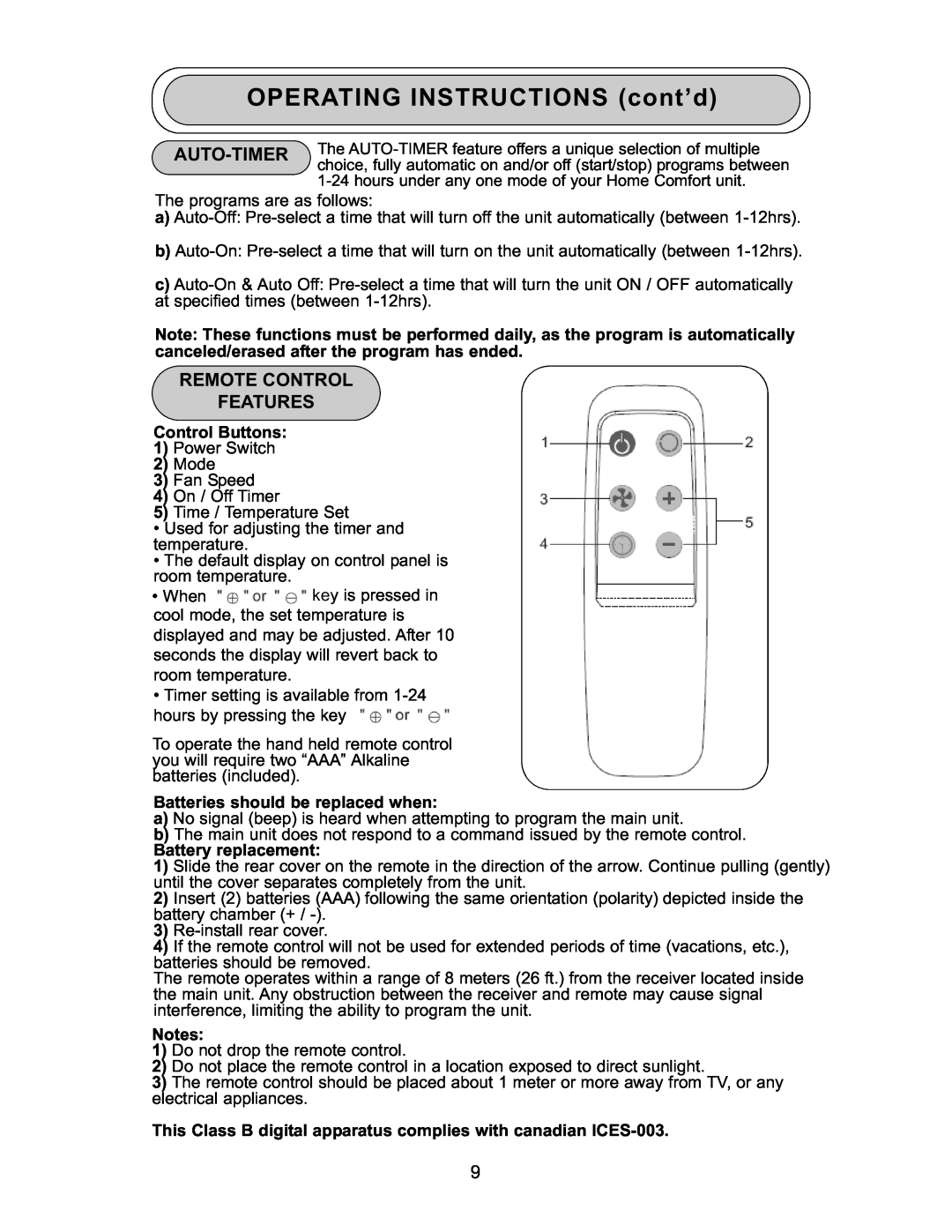 Danby DPAC 9009 OPERATING INSTRUCTIONS cont’d, Control Buttons, Batteries should be replaced when, Battery replacement 