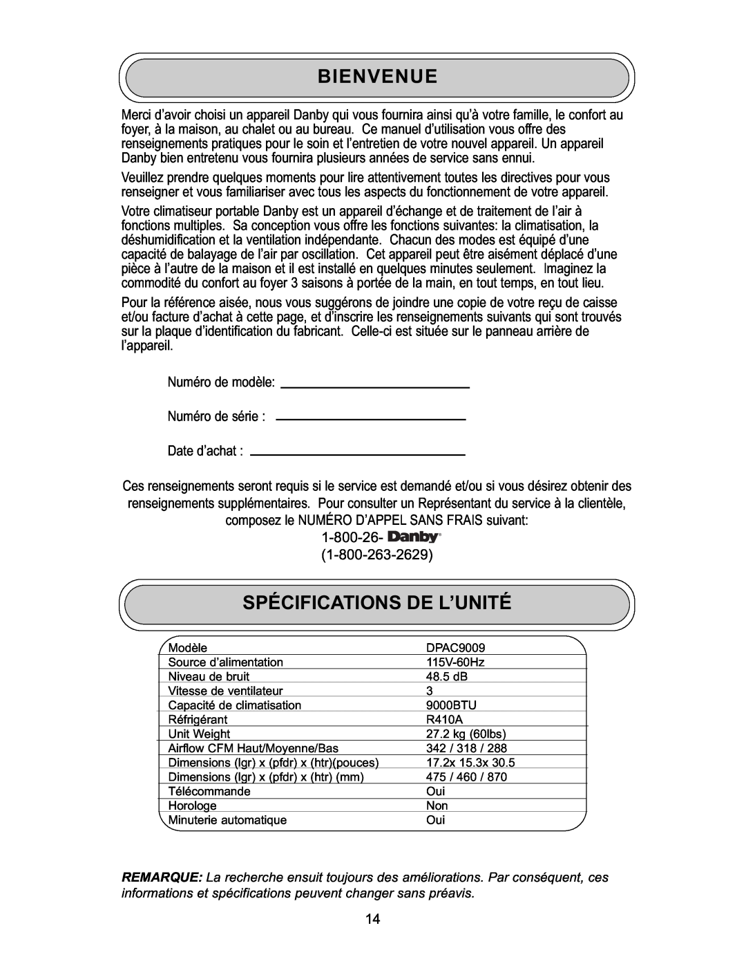 Danby DPAC 9009 manual Bienvenue, Spécifications De L’Unité, Numéro de modèle Numéro de série Date d’achat 