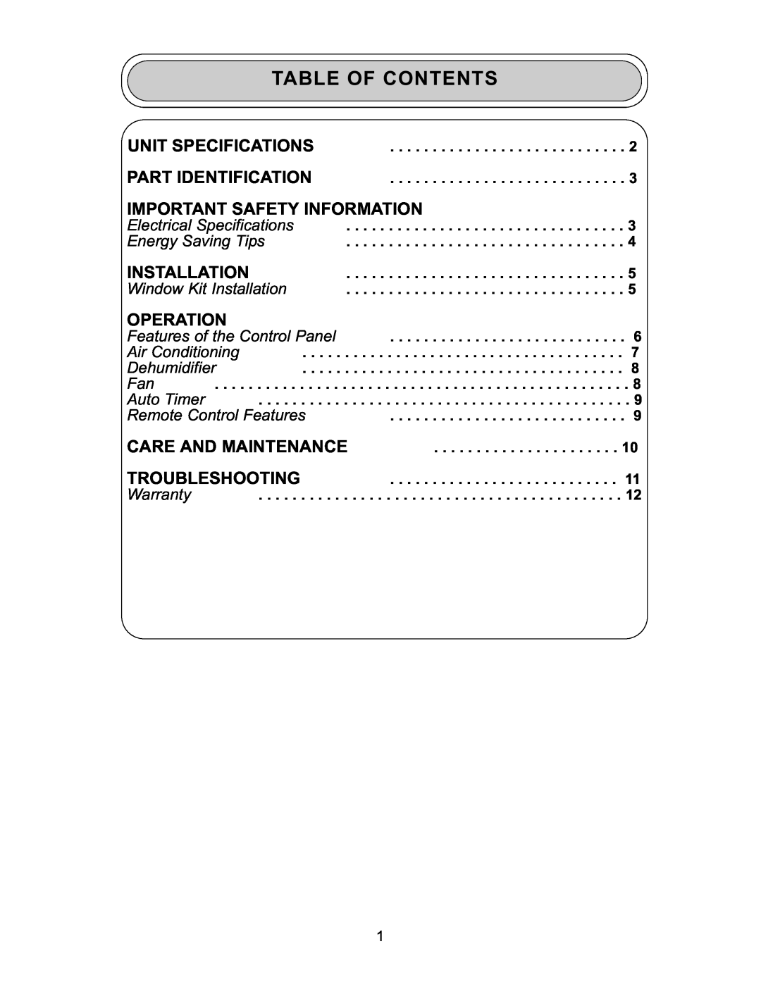 Danby DPAC 9009 manual Table Of Contents, Important Safety Information, Operation 