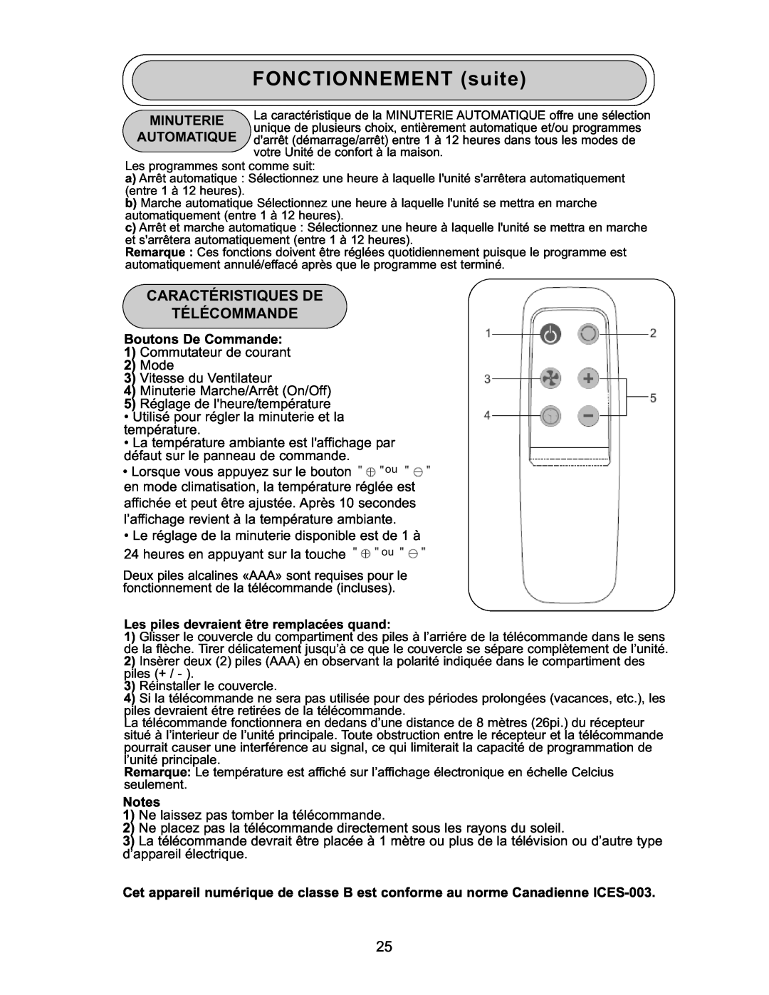 Danby DPAC 9009 manual FONCTIONNEMENT suite, Minuterie Automatique, Boutons De Commande 