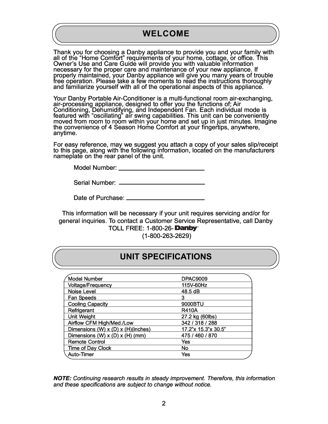 Danby DPAC 9009 manual Welcome, Unit Specifications 