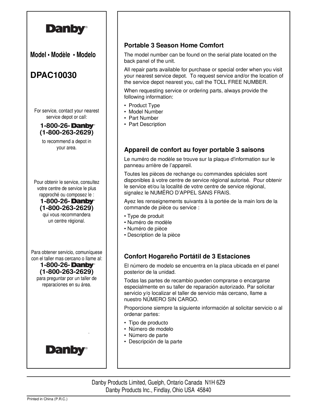 Danby DPAC10030 manual 800-26- R, Portable 3 Season Home Comfort, Appareil de confort au foyer portable 3 saisons 