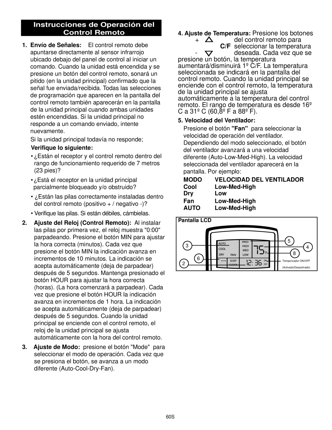 Danby DPAC10030 manual Instrucciones de Operación del Control Remoto, Verifique lo siguiente, Velocidad del Ventilador 