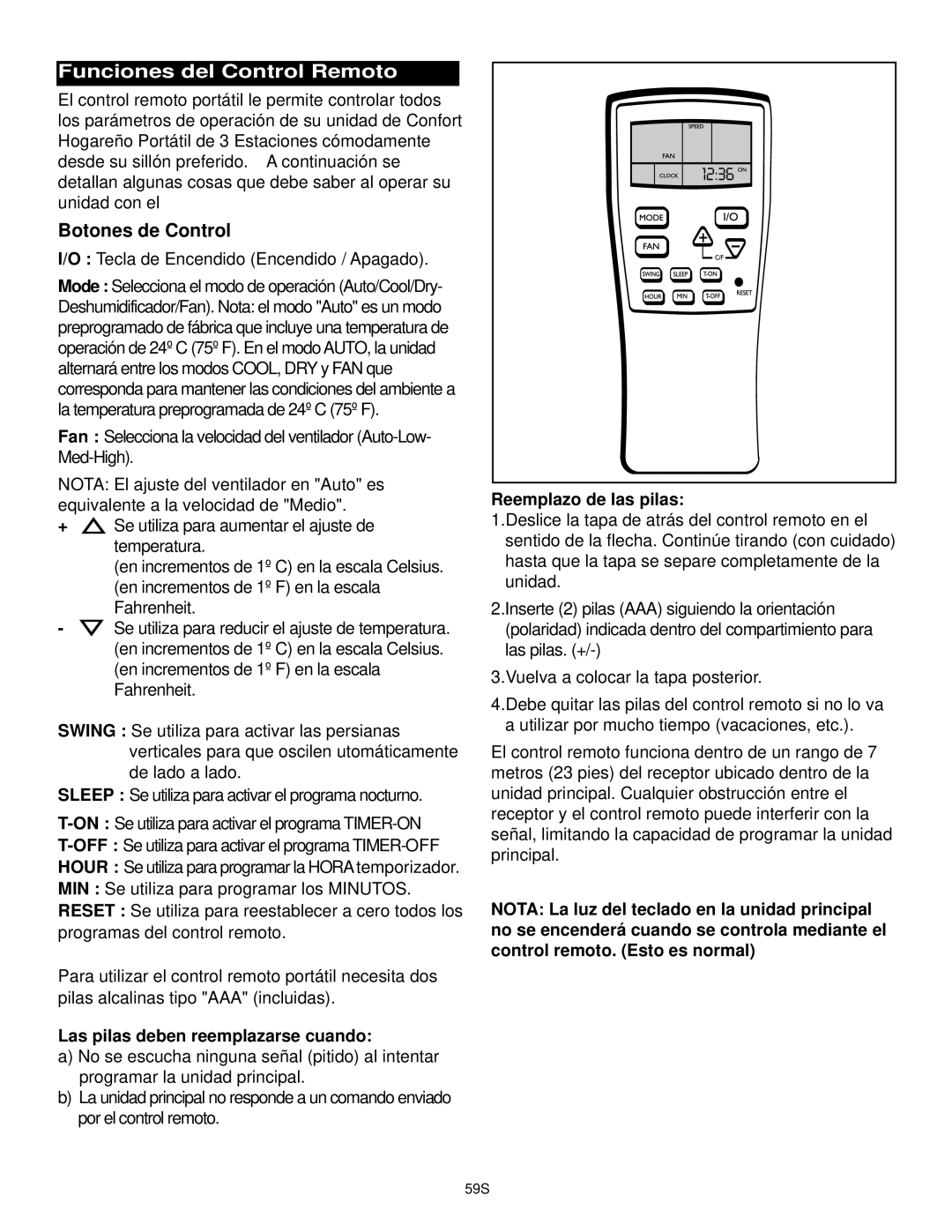 Danby DPAC10030 manual Funciones del Control Remoto, Botones de Control, Tecla de Encendido Encendido / Apagado 