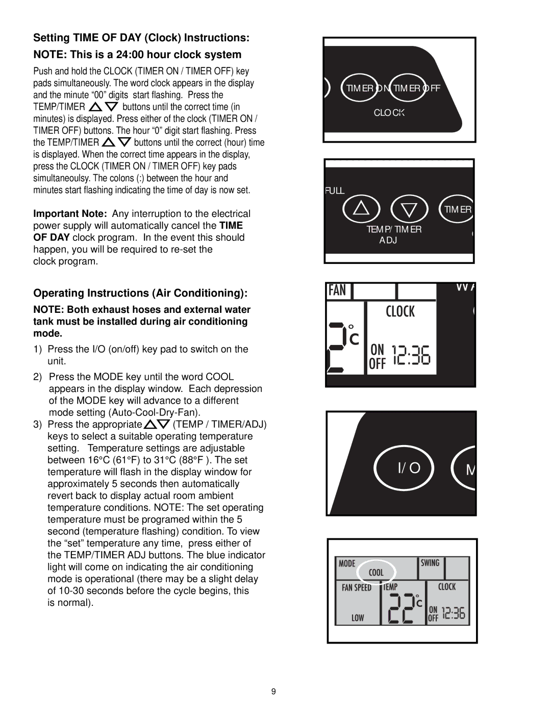 Danby DPAC10030 manual Setting Time of DAY Clock Instructions, Operating Instructions Air Conditioning 