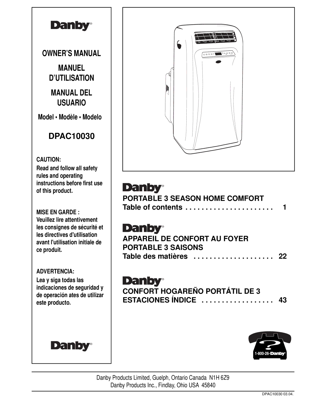 Danby DPAC10030 manual Manuel ’UTILISATION Manual DEL Usuario 