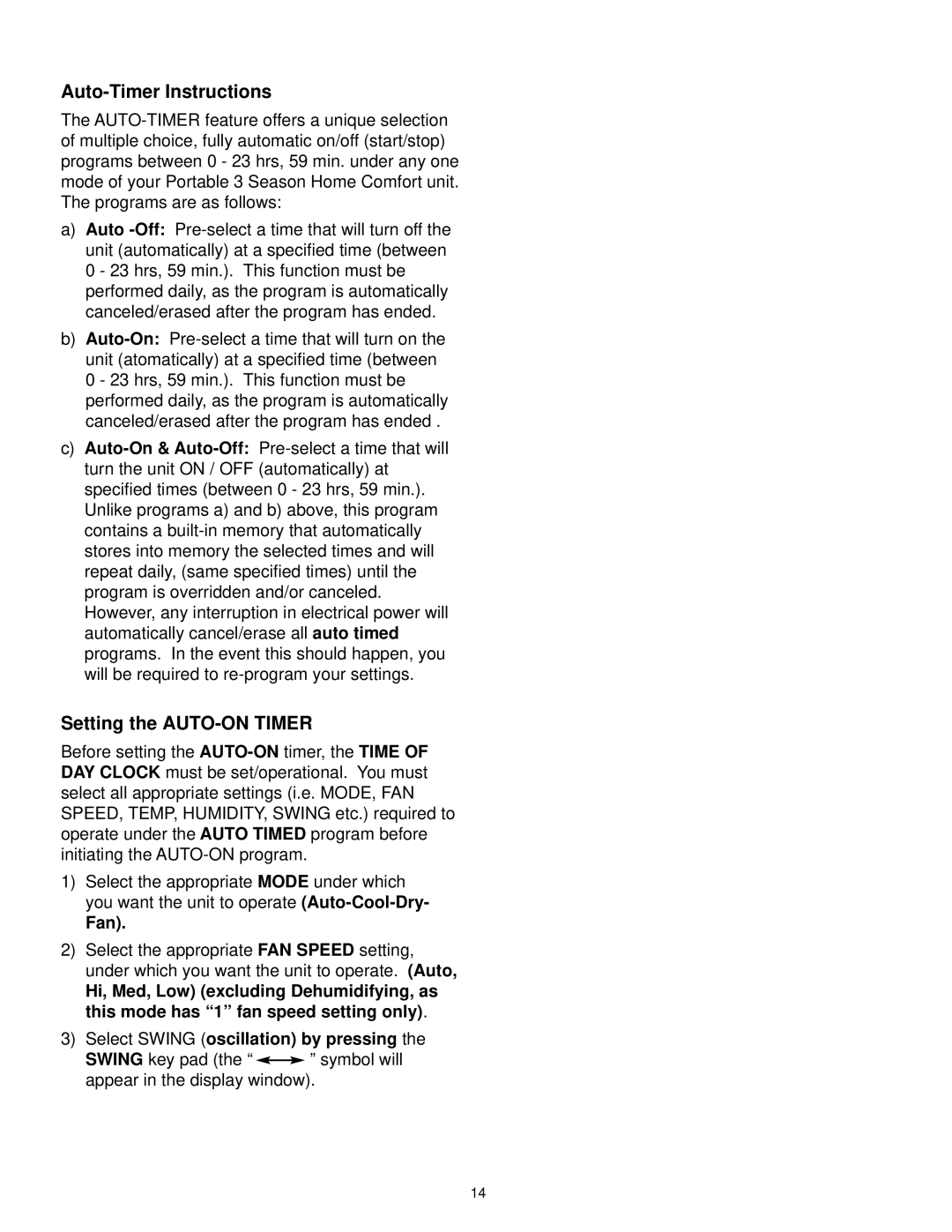 Danby DPAC10030 manual Auto-Timer Instructions, Setting the AUTO-ON Timer, Swing key pad, Appear in the display window 