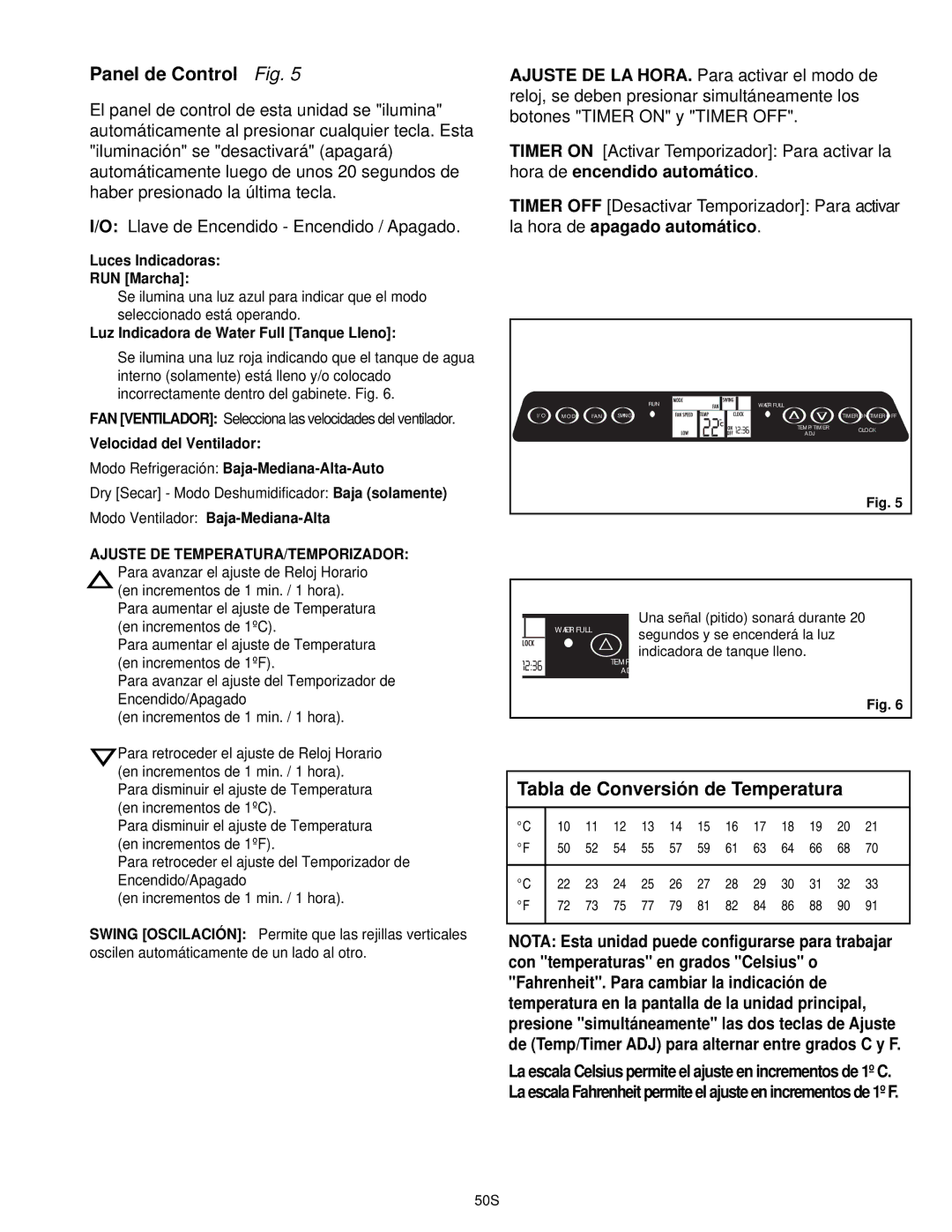 Danby DPAC10030 manual Panel de Control Fig, Tabla de Conversión de Temperatura 