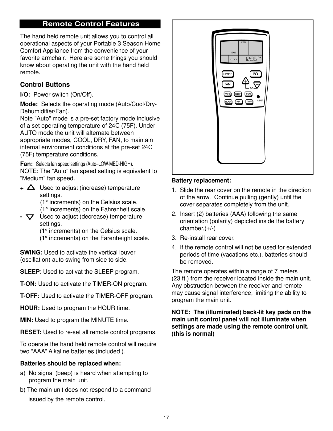 Danby DPAC10030 manual Remote Control Features, Control Buttons, Batteries should be replaced when, Battery replacement 