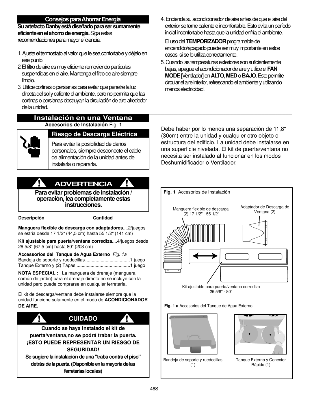 Danby DPAC10030 manual Consejos paraAhorrar Energía, Instalación en una Ventana s, Riesgo de Descarga Eléctrica 