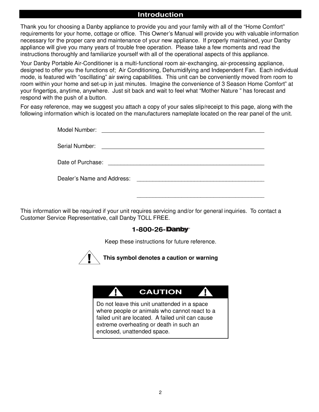 Danby DPAC10030 manual Introduction, Keep these instructions for future reference, This symbol denotes a caution or warning 