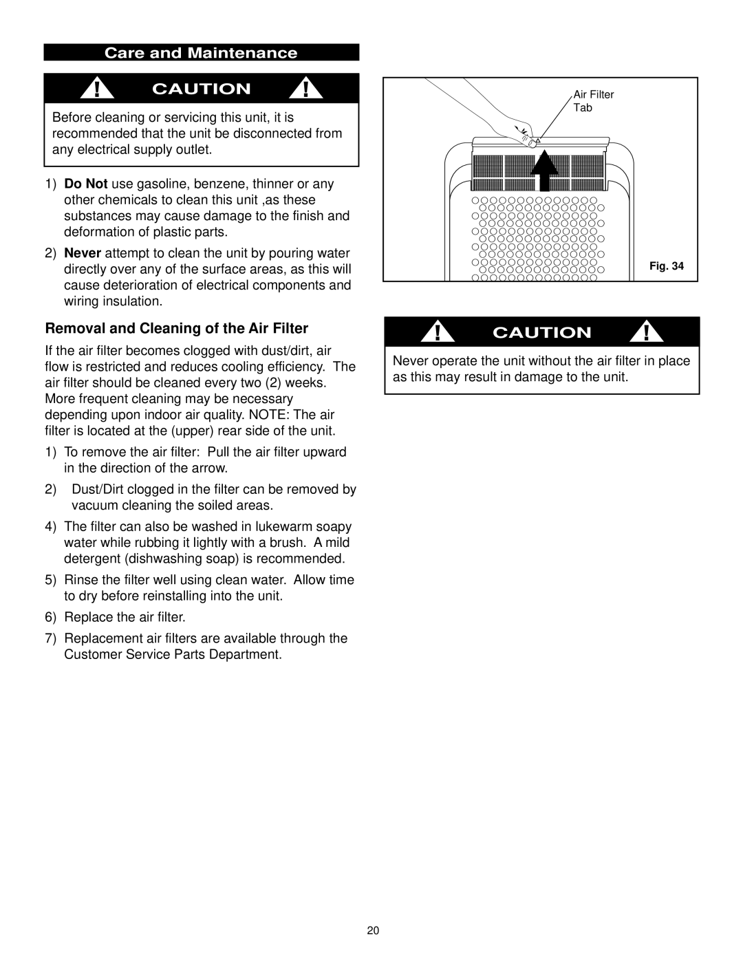 Danby DPAC10030 manual Care and Maintenance, Removal and Cleaning of the Air Filter 