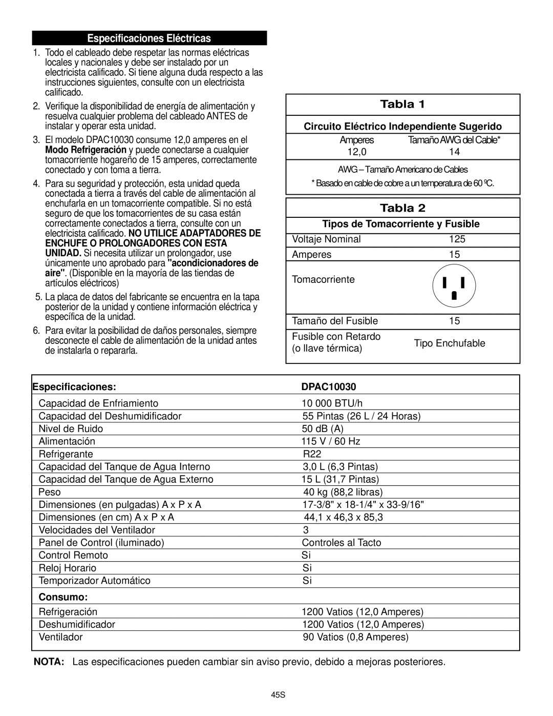 Danby DPAC10030 manual Especificaciones Eléctricas, Tabla 