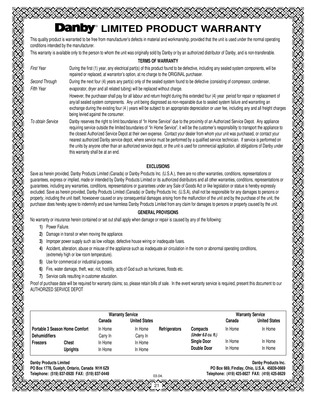 Danby DPAC10030 manual Limited Product Warranty 