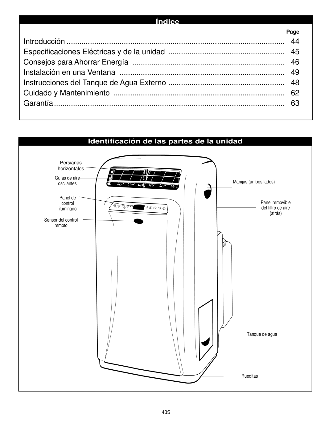 Danby DPAC10030 manual Índice, Identificación de las partes de la unidad 