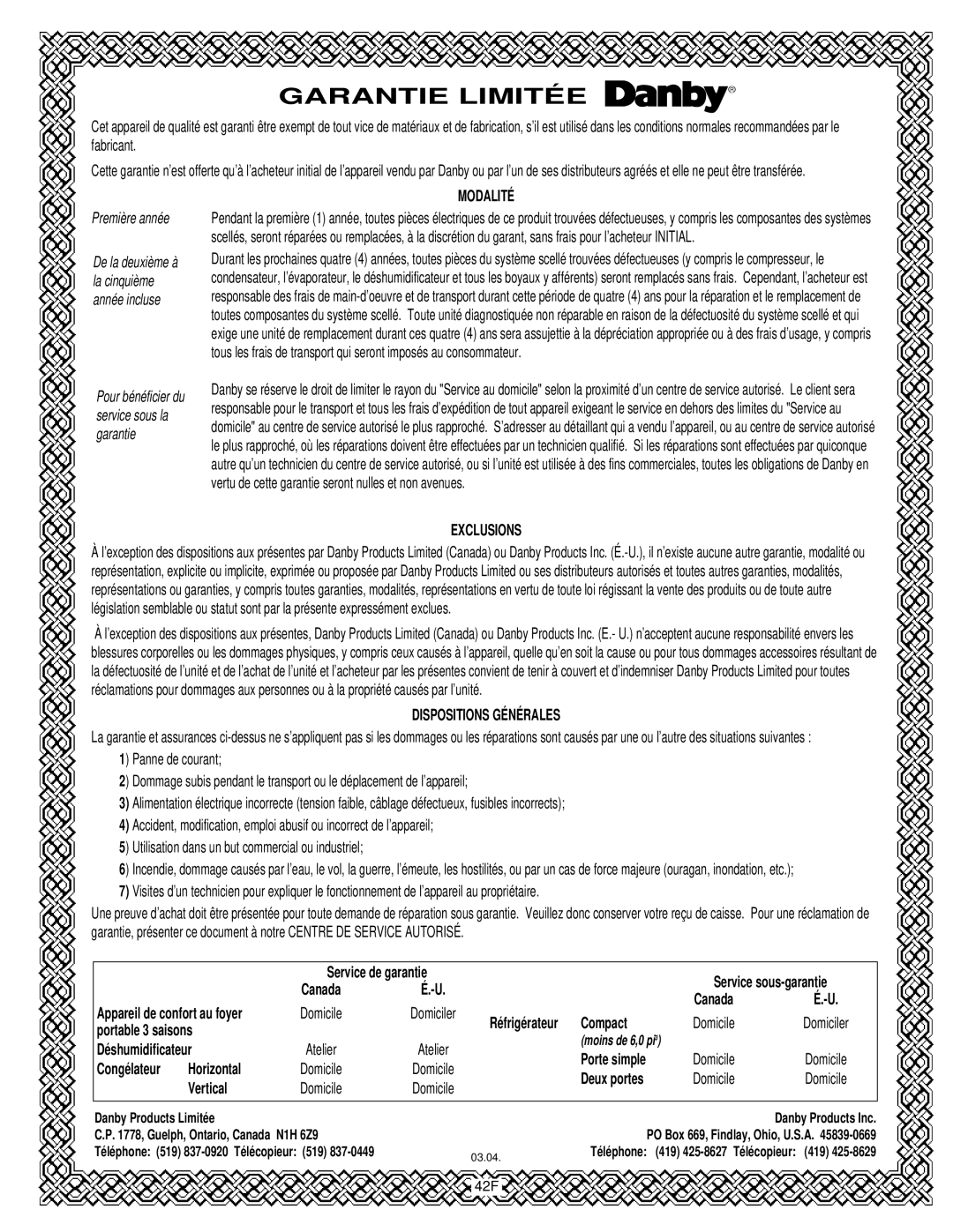 Danby DPAC10030 manual Garantie Limitée 