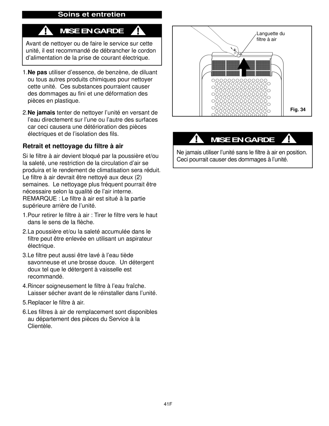 Danby DPAC10030 manual Soins et entretien, Retrait et nettoyage du filtre à air 