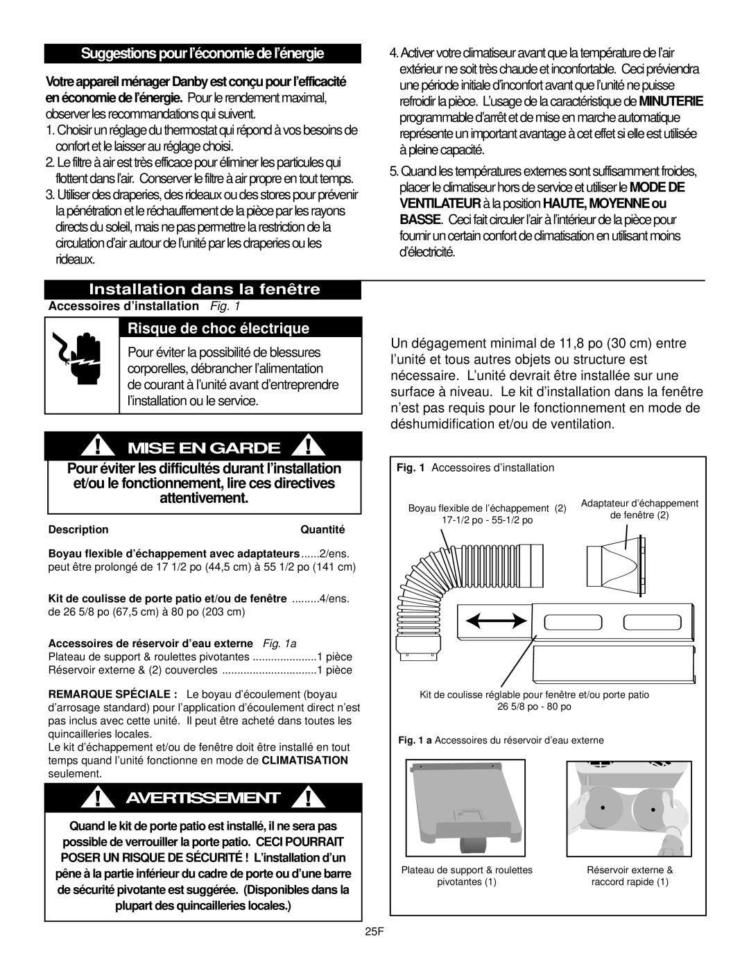 Danby DPAC10030 manual Suggestions pour l’économie de l’énergie, Installation dans la fenêtre, Risque de choc électrique 