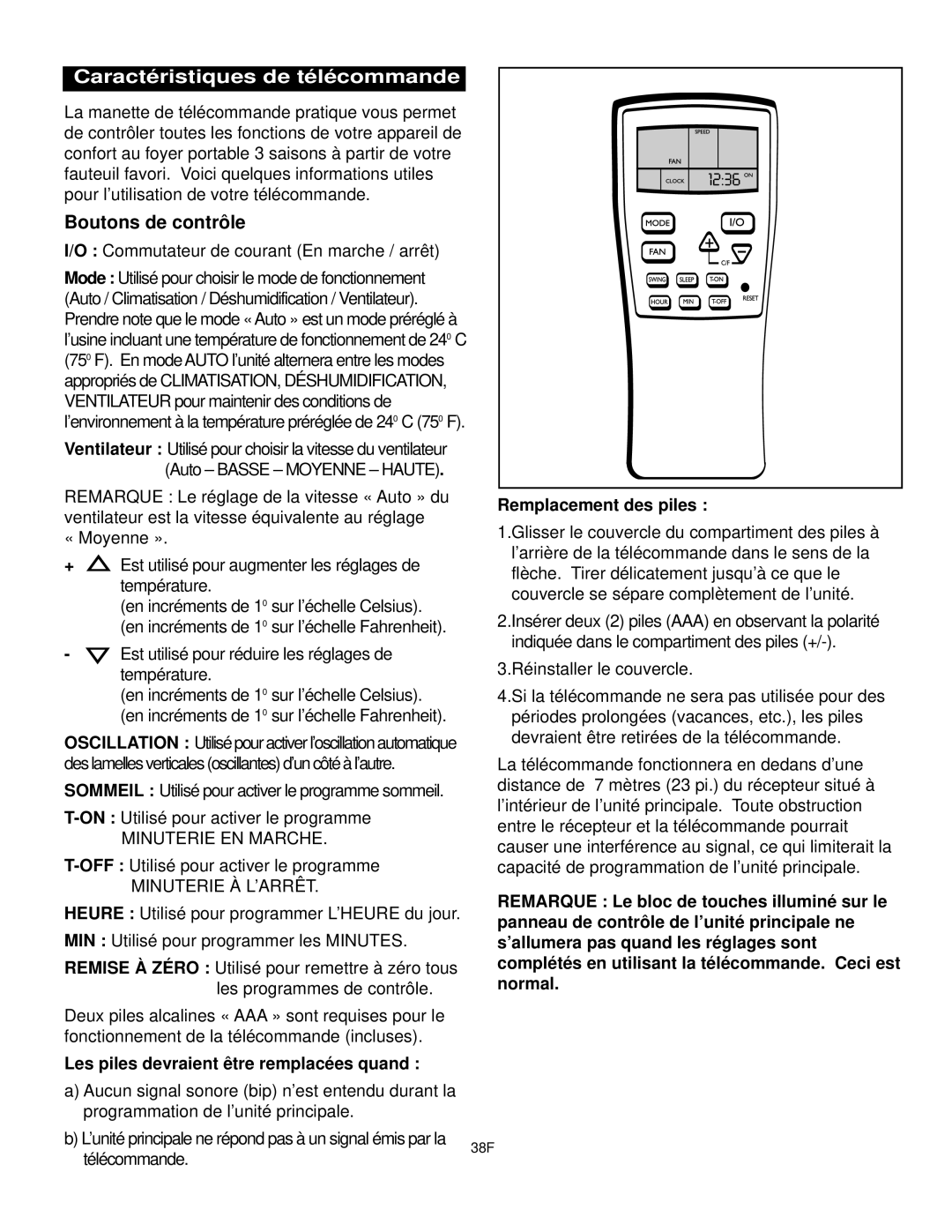 Danby DPAC10030 manual Caractéristiques de télécommande, Boutons de contrôle, Remplacement des piles 