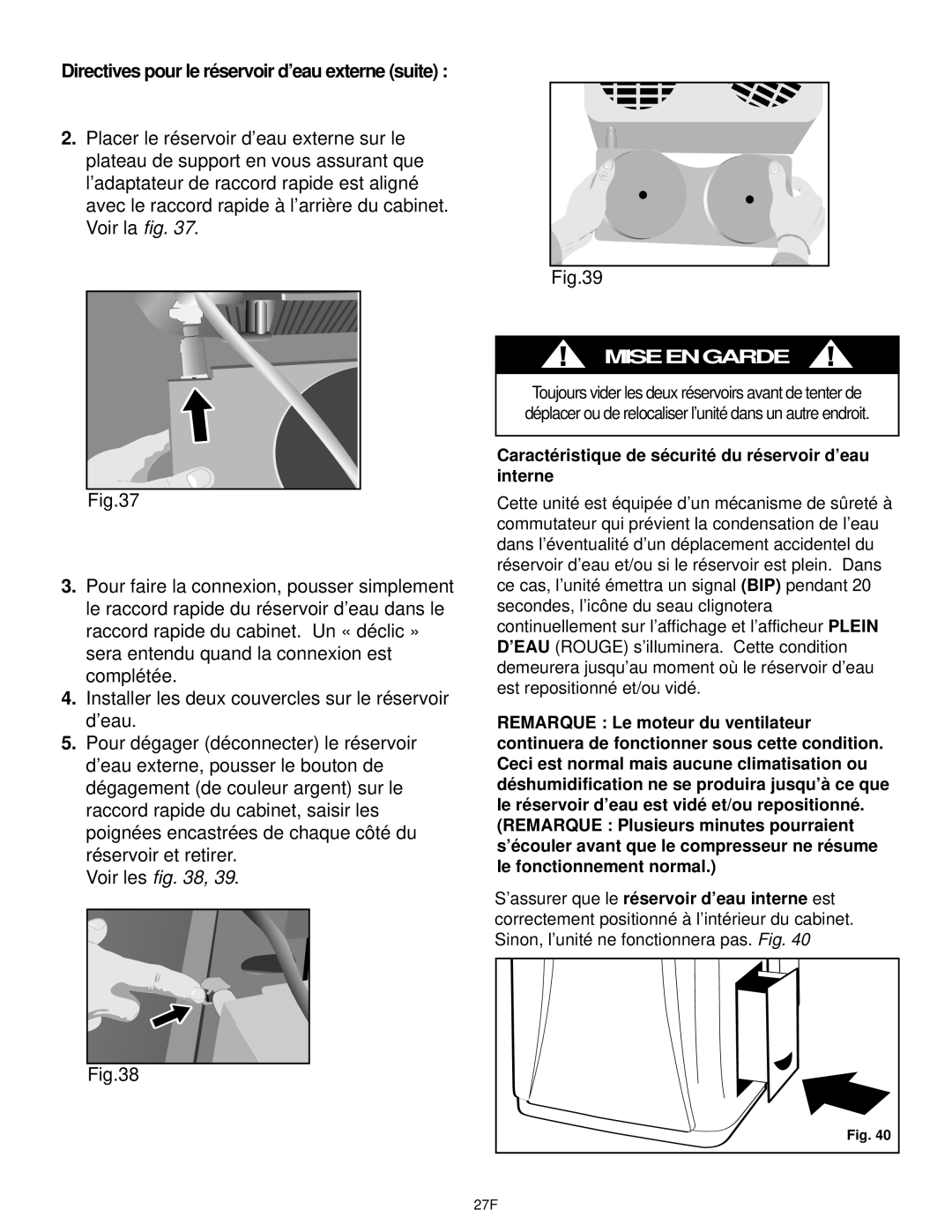 Danby DPAC10030 Directives pour le réservoir d’eau externe suite, Caractéristique de sécurité du réservoir d’eau interne 