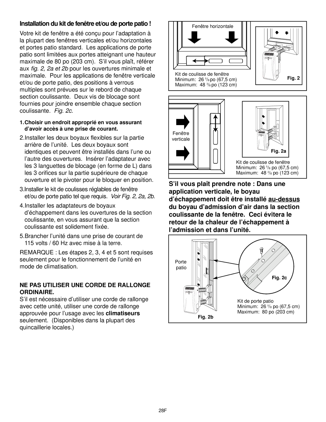 Danby DPAC10030 manual Installation du kit de fenêtre et/ou de porte patio, NE PAS Utiliser UNE Corde DE Rallonge Ordinaire 