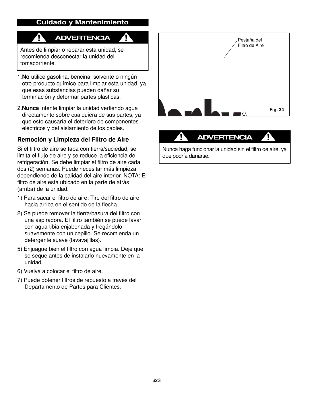 Danby DPAC10030 manual Cuidado y Mantenimiento, Remoción y Limpieza del Filtro de Aire 