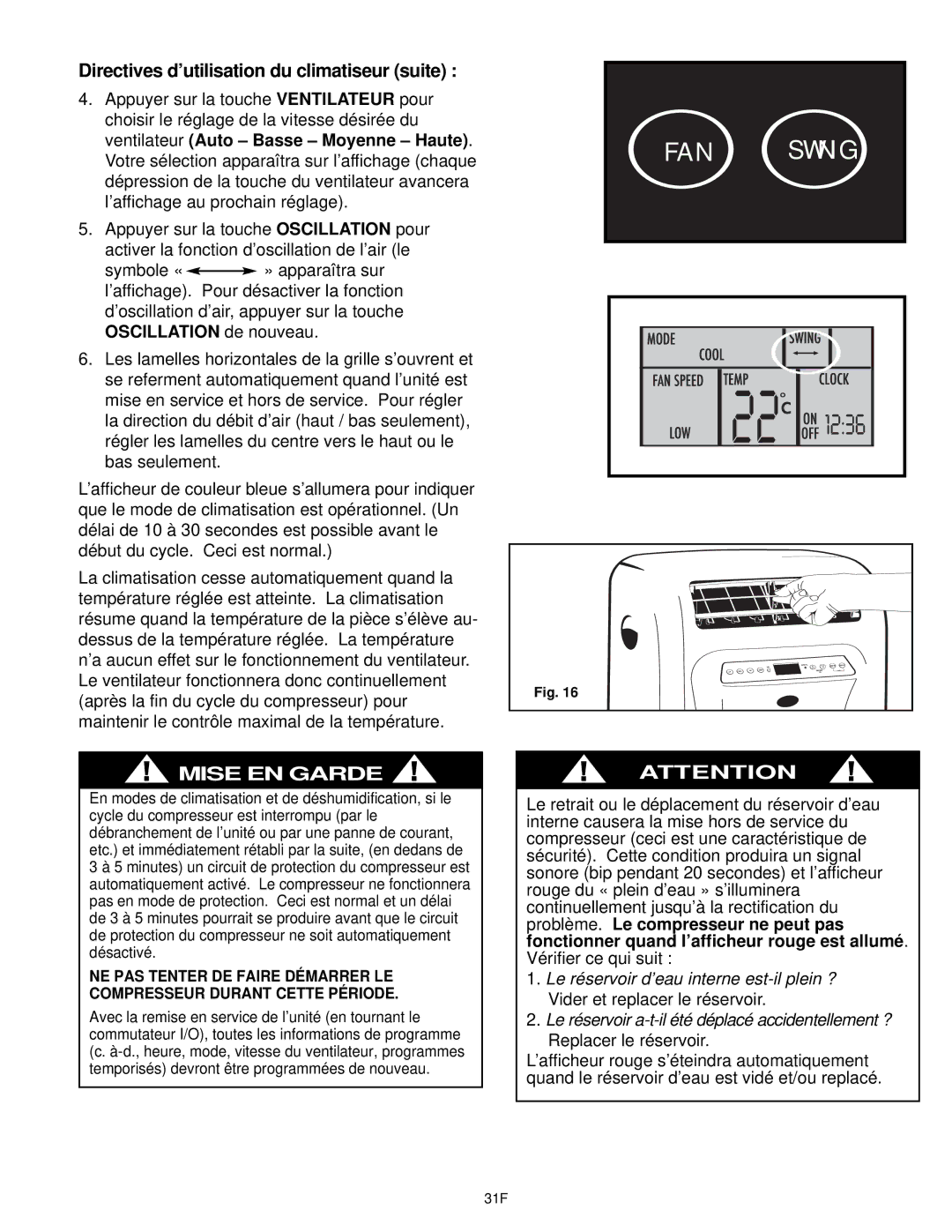 Danby DPAC10030 manual Directives d’utilisation du climatiseur suite 