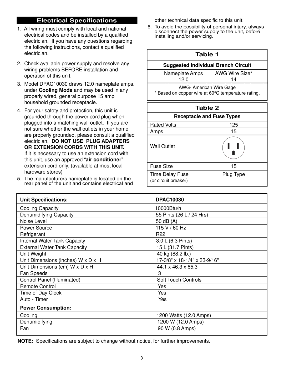 Danby manual Electrical Specifications, Suggested Individual Branch Circuit, 12.0, Unit Specifications DPAC10030 