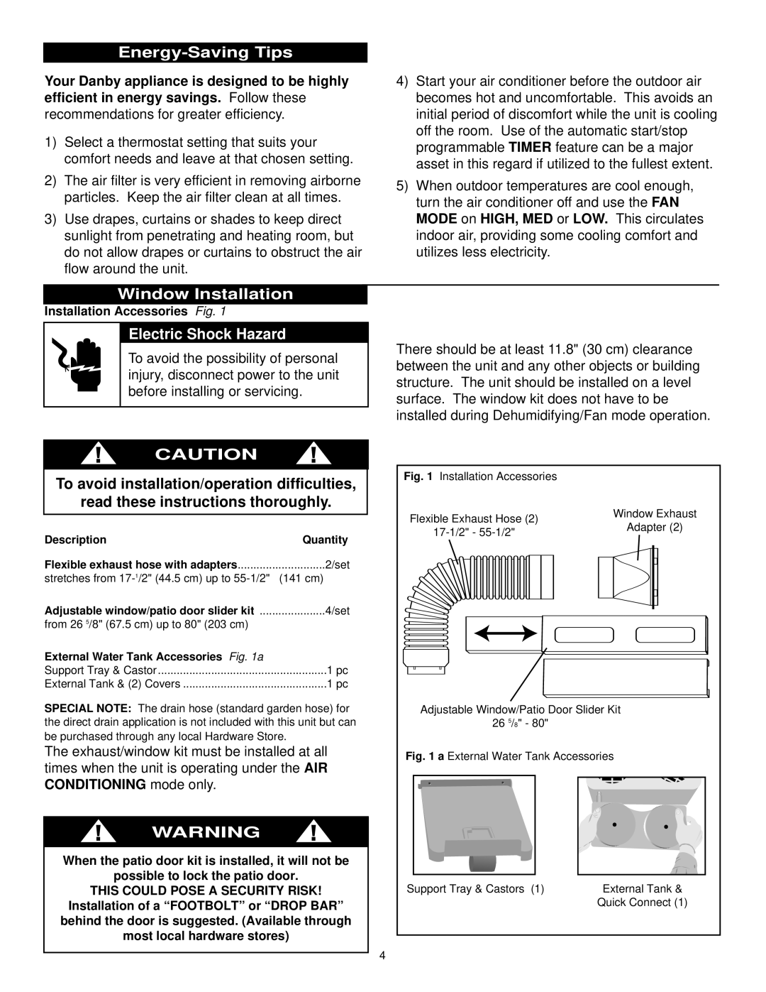 Danby DPAC10030 manual Energy-Saving Tips, Window Installation, Electric Shock Hazard 