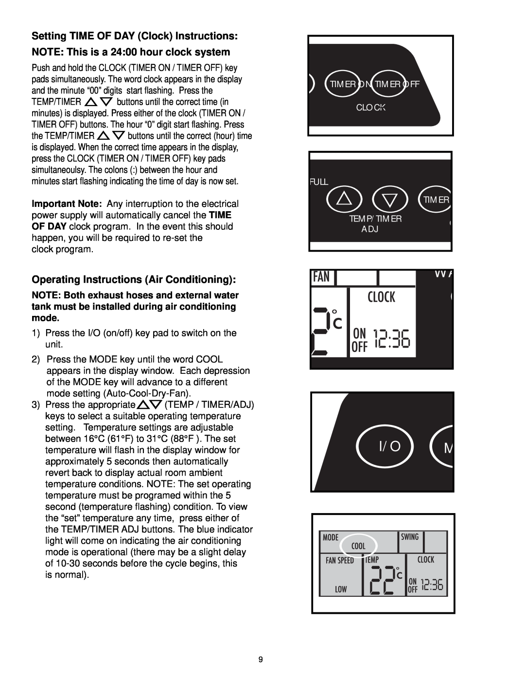 Danby DPAC10030 manual Setting TIME OF DAY Clock Instructions, NOTE This is a 2400 hour clock system, mode 