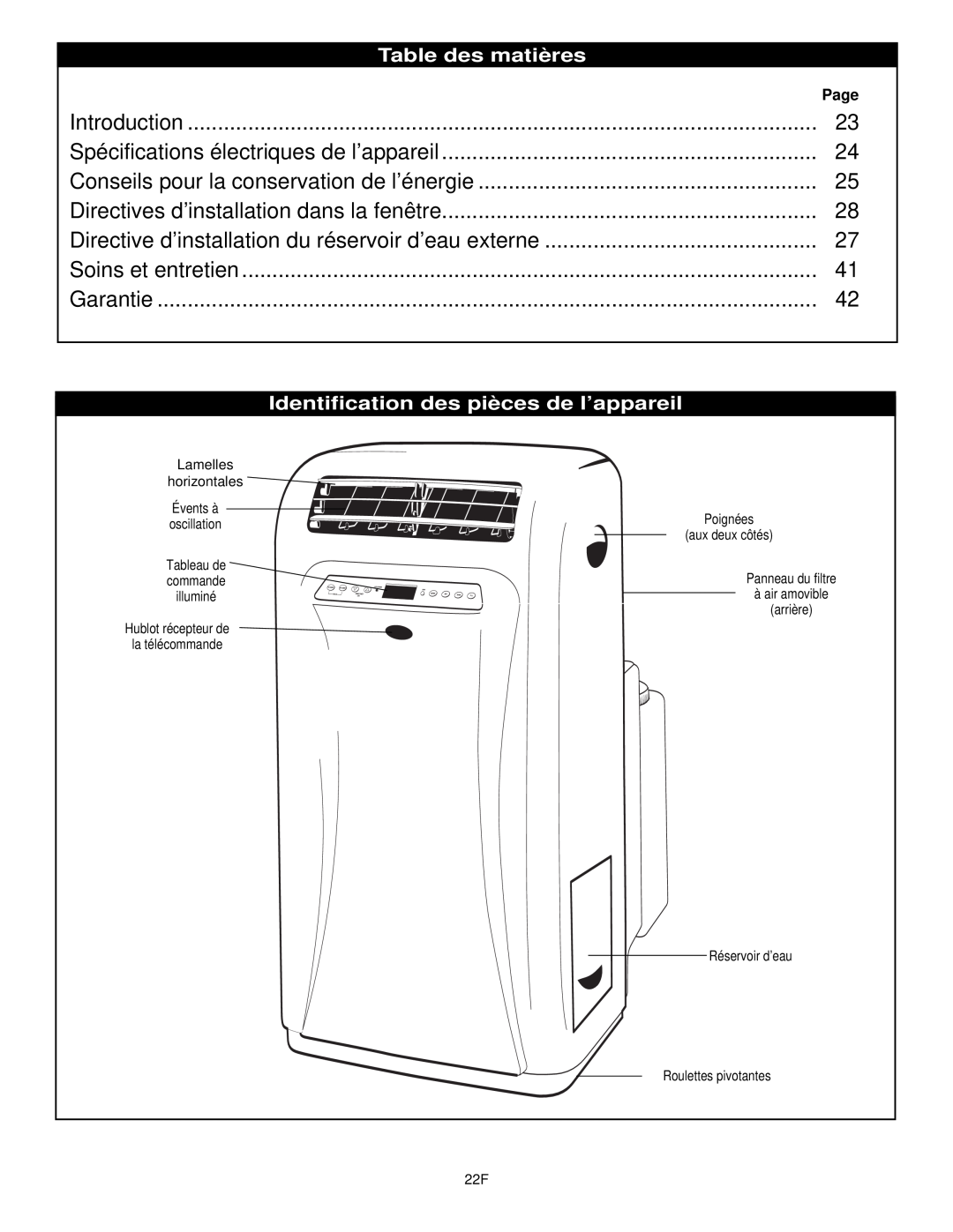 Danby DPAC10030 manual Table des matières, Identification des pièces de l’appareil, Lamelles horizontales Évents à 
