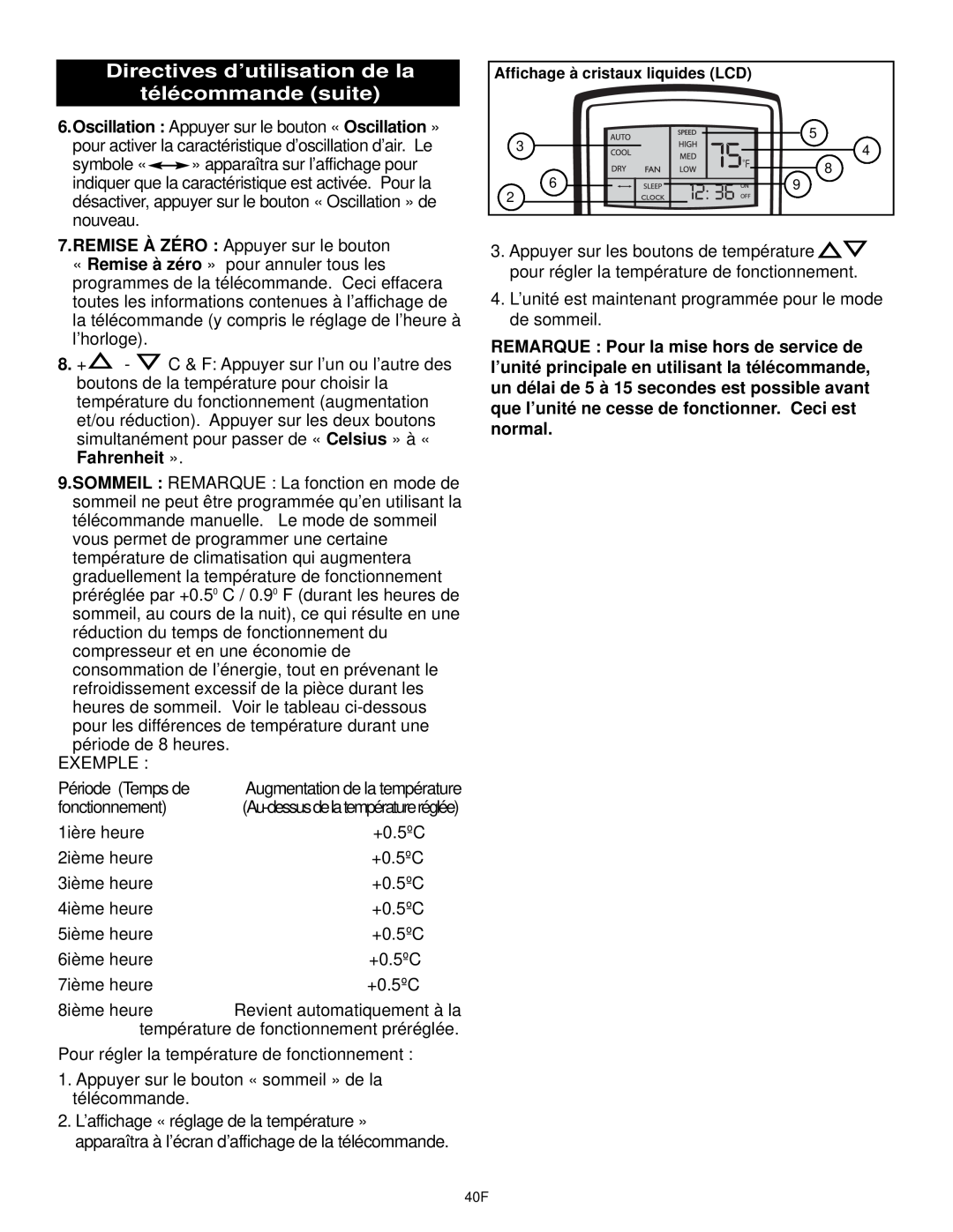 Danby DPAC10030 manual Directives d’utilisation de la télécommande suite, Affichage à cristaux liquides LCD 