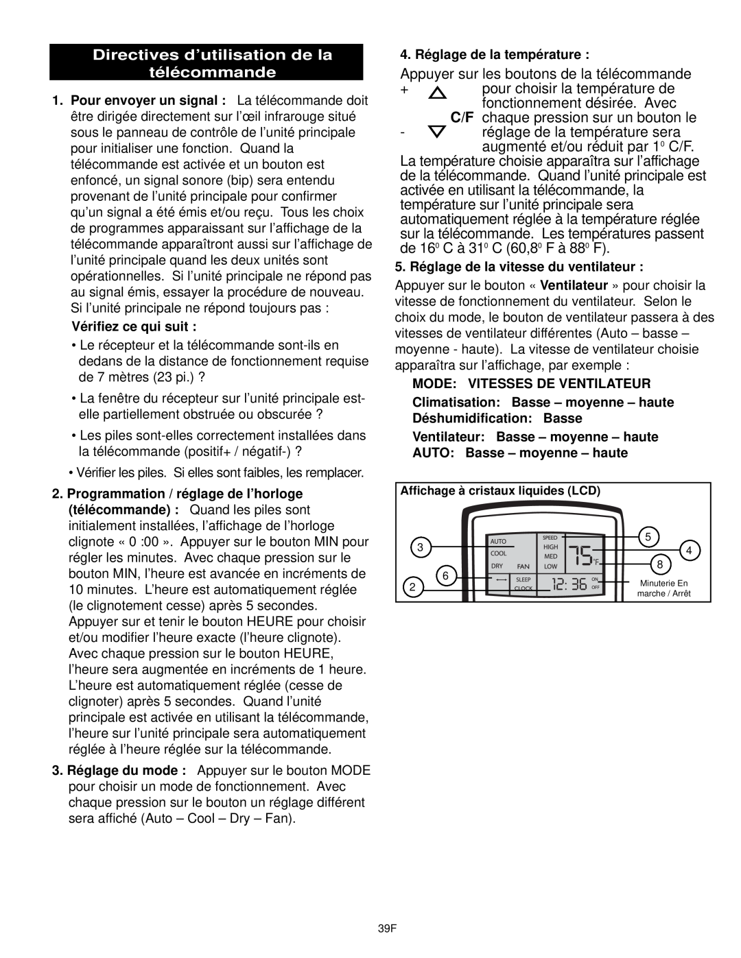 Danby DPAC10030 manual Directives d’utilisation de la télécommande, Appuyer sur les boutons de la télécommande 