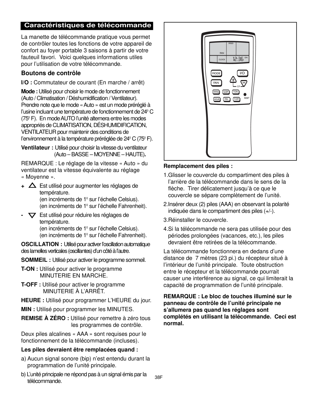 Danby DPAC10030 manual Caractéristiques de télécommande, Boutons de contrôle, Remplacement des piles 