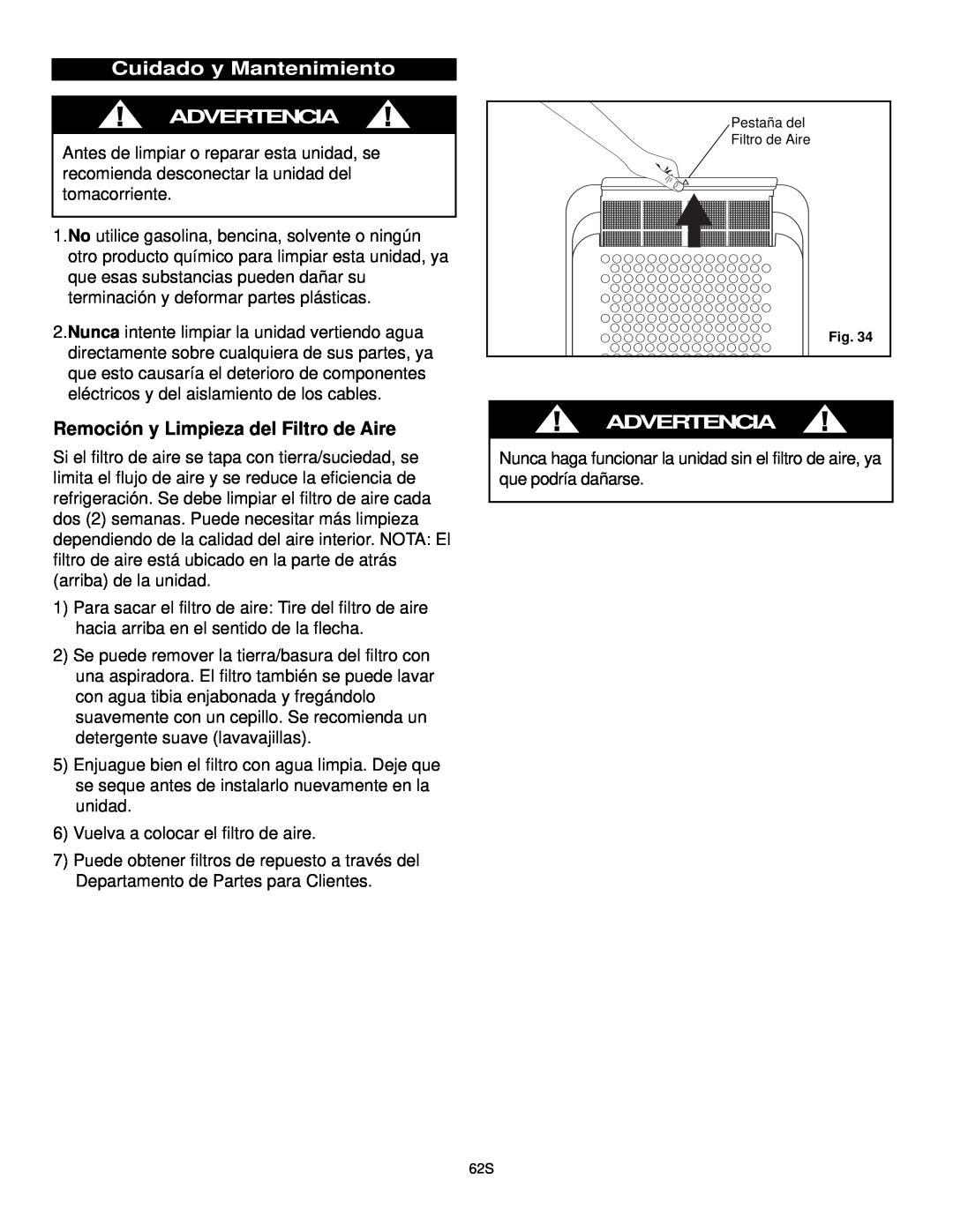 Danby DPAC10030 manual Cuidado y Mantenimiento ADVERTENCIA, Remoción y Limpieza del Filtro de Aire, Advertencia 