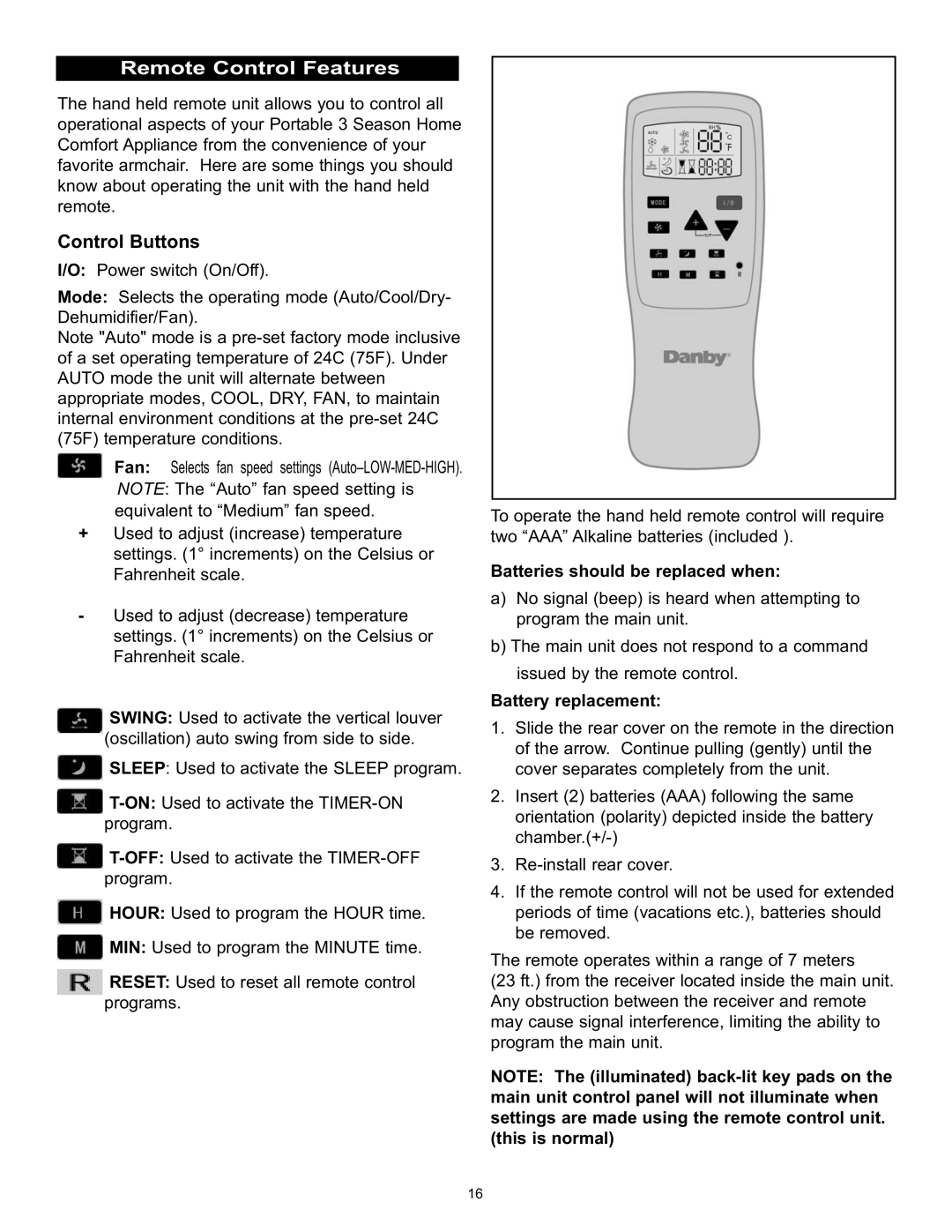 Danby DPAC120061 Remote Control Features, Control Buttons, Batteries should be replaced when, Battery replacement 