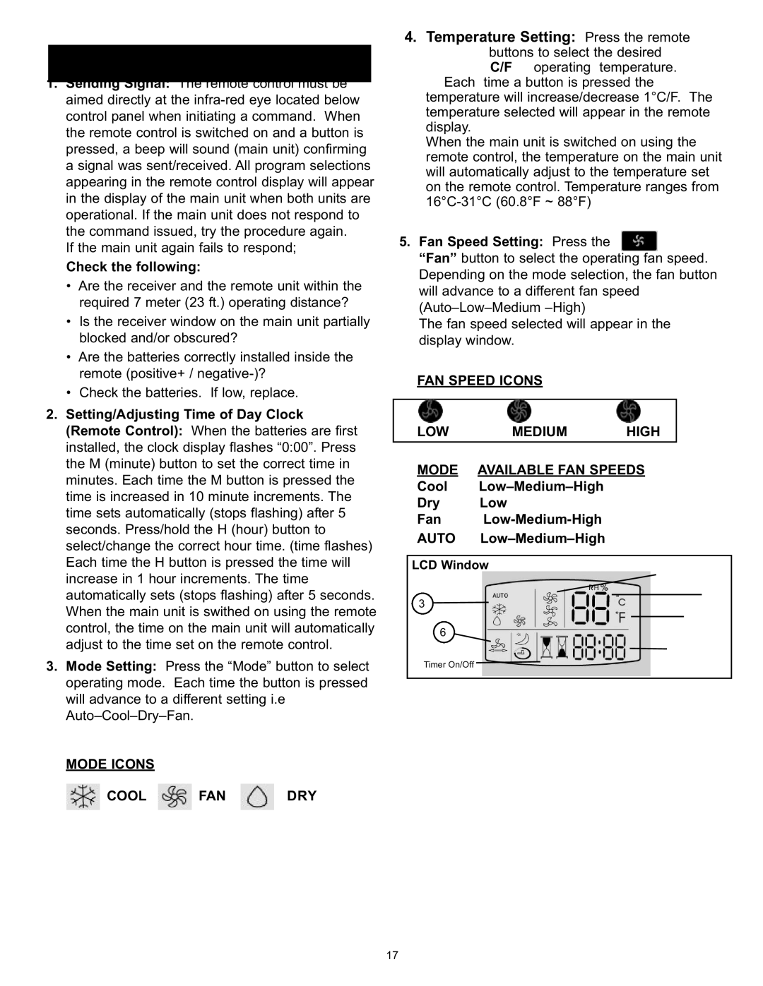 Danby DPAC120061 owner manual Remote Control Operating Instructions, Check the following, Fan Speed Setting Press 