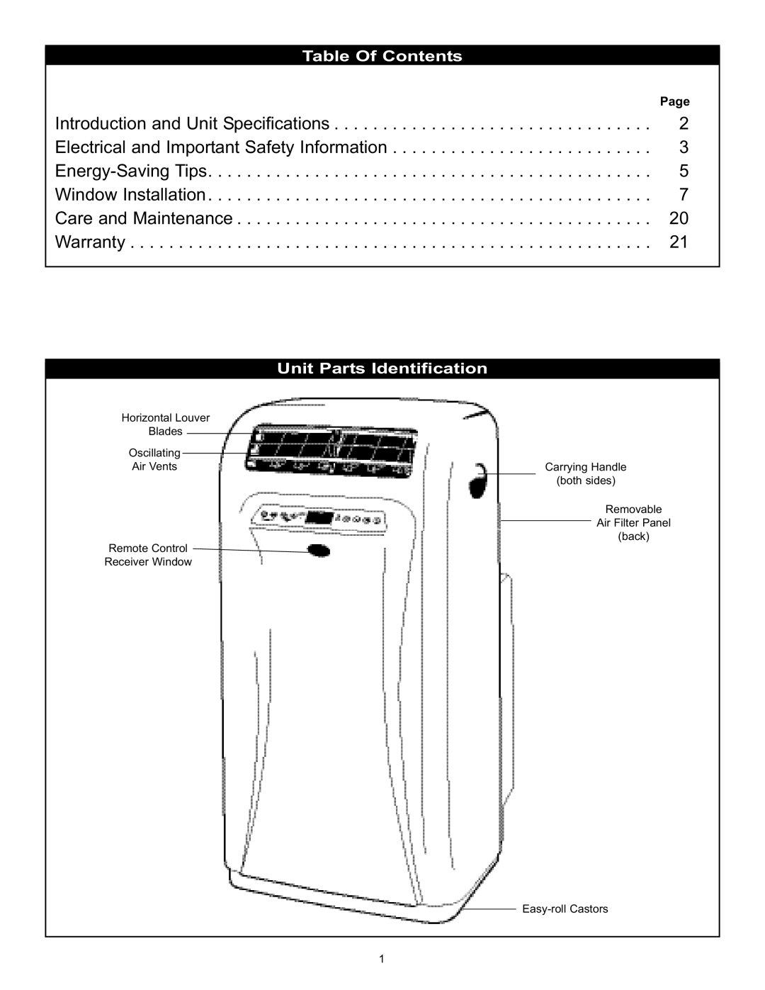 Danby DPAC120061 owner manual Table Of Contents, Unit Parts Identification 