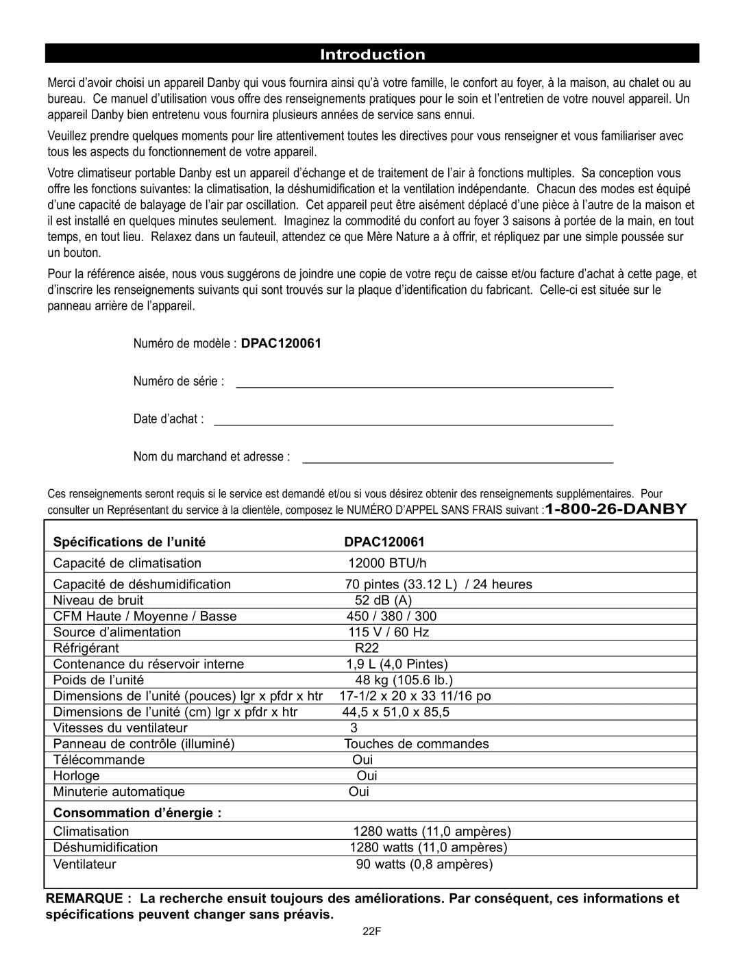 Danby owner manual Spécifications de l’unité DPAC120061, Consommation d’énergie 