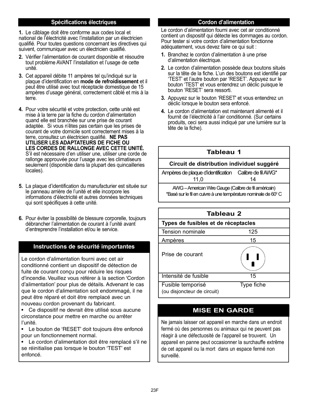 Danby DPAC120061 Spécifications électriques, Cordon d’alimentation, Tableau, Circuit de distribution individuel suggéré 