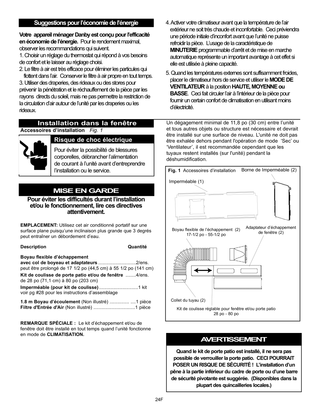 Danby DPAC120061 Suggestions pour l’économie de l’énergie, Installation dans la fenêtre, Risque de choc électrique 