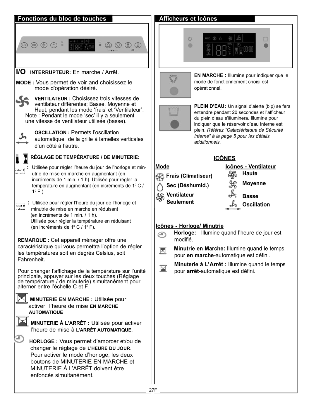 Danby DPAC120061 owner manual Fonctions du bloc de touches, Afficheurs et Icônes, Mode Icônes Ventilateur 