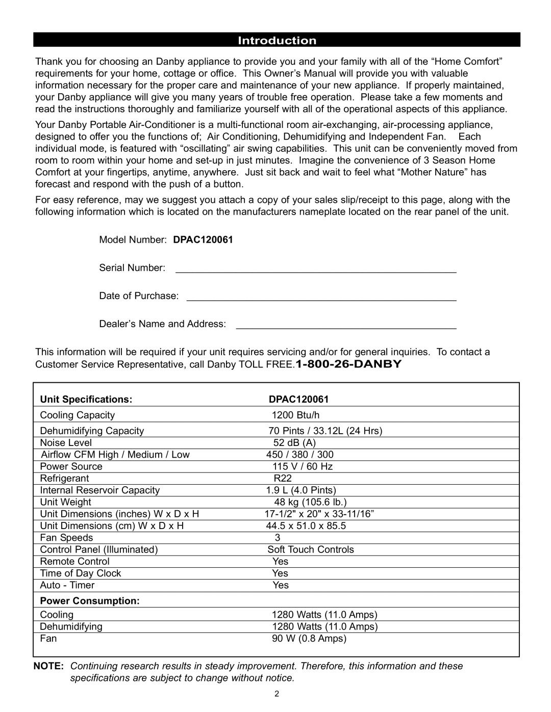 Danby owner manual Introduction, Unit Specifications DPAC120061, Power Consumption 