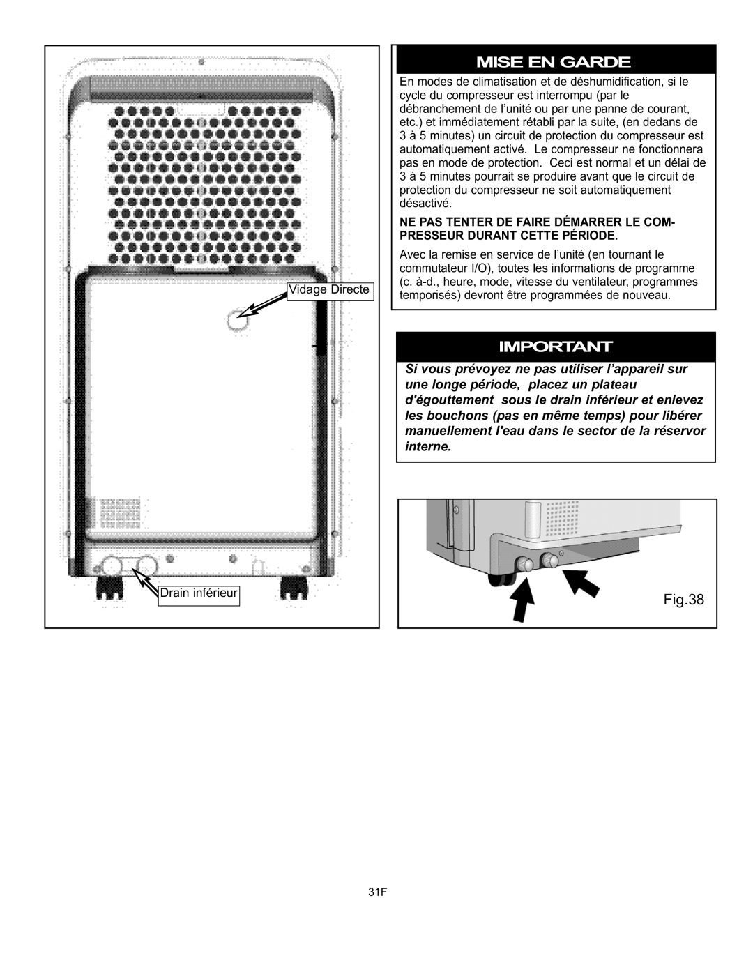 Danby DPAC120061 owner manual Drain inférieur Vidage Directe 