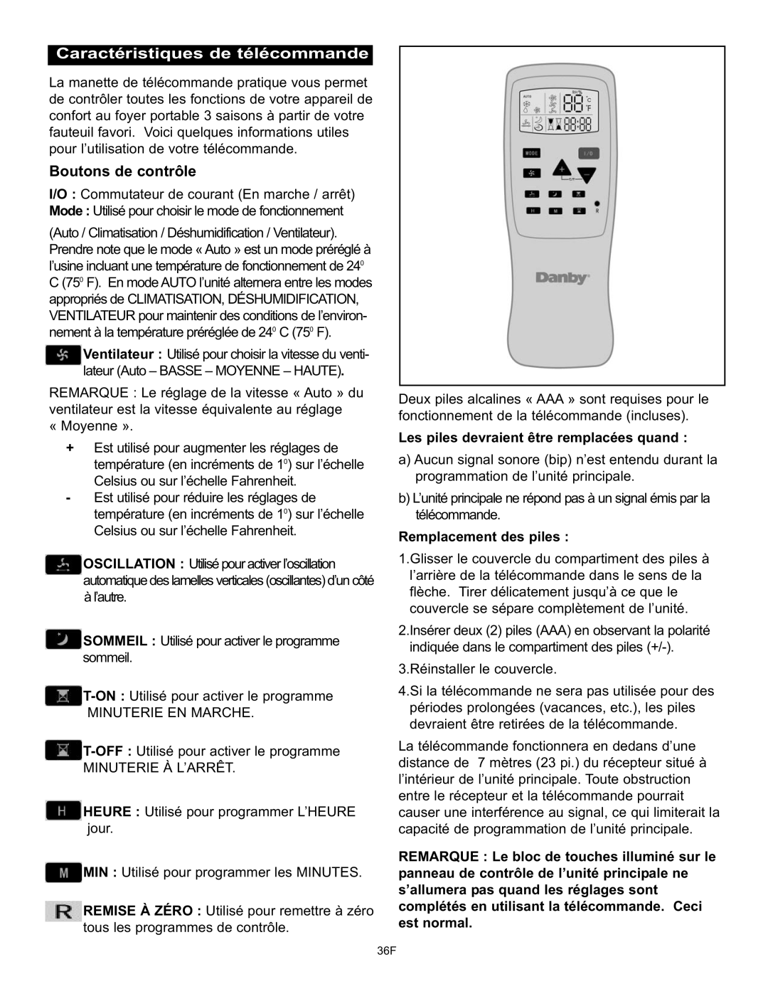 Danby DPAC120061 Caractéristiques de télécommande, Boutons de contrôle, Les piles devraient être remplacées quand 