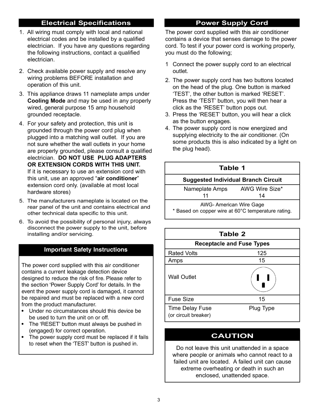 Danby DPAC120061 owner manual Electrical Specifications, Power Supply Cord, Suggested Individual Branch Circuit 