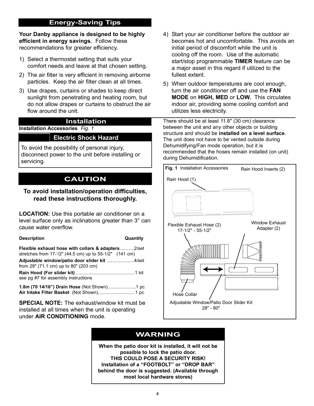 Danby DPAC120061 owner manual Energy-Saving Tips, Installation, Electric Shock Hazard 