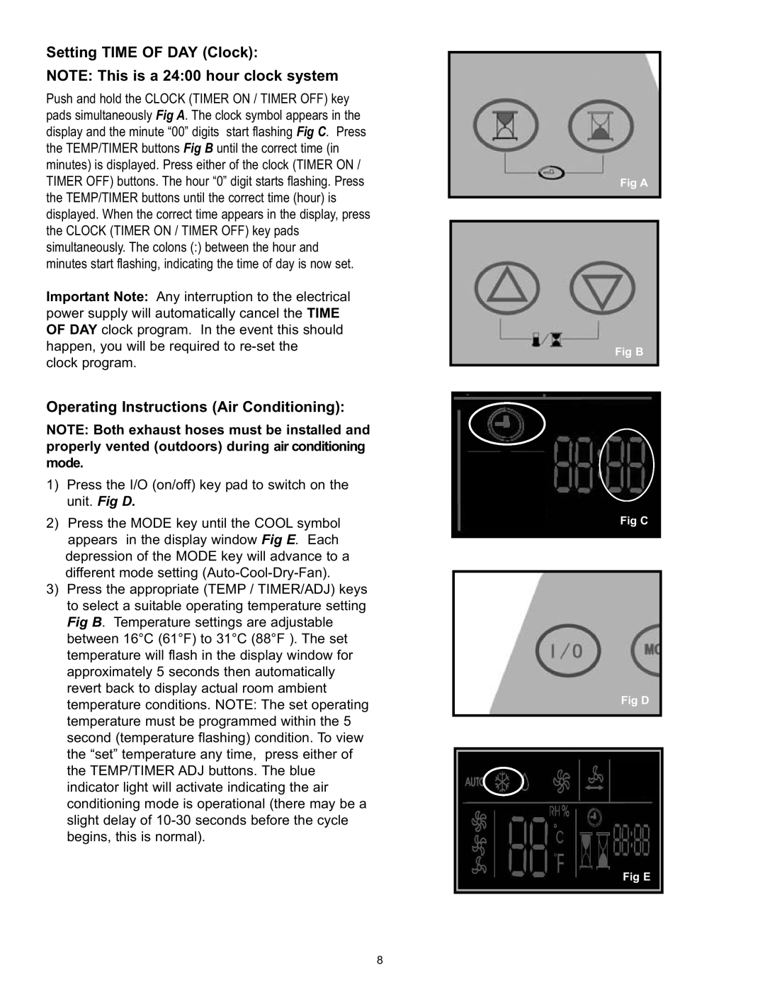 Danby DPAC120061 owner manual Setting Time of DAY Clock, Operating Instructions Air Conditioning 